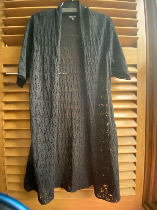 Eileen Fisher Sweaters - Eileen Fisher M Black Lacy Light Weight Wool Lacey Cardigan Elbow Length Sleeves